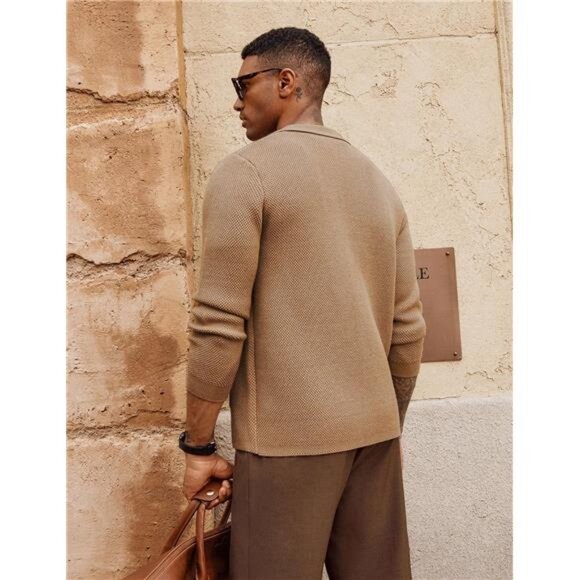 Men's Sweater Shawl Collar Button Down Jacket Khaki - Picture 5 of 6